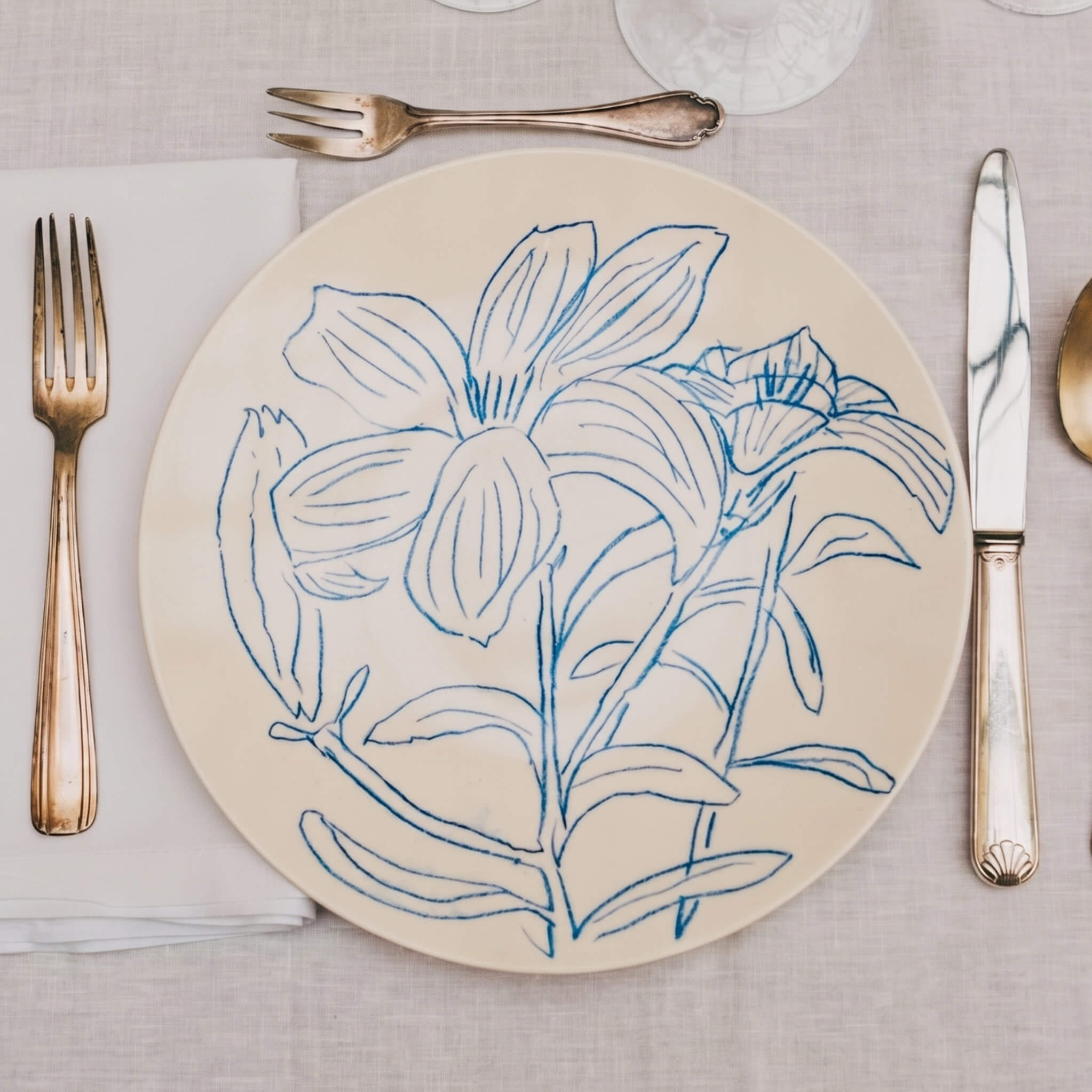 Assiette en porcelaine décorée au crayon à oxydes puis émaillée par l'atelier grand soleil, à Paris.