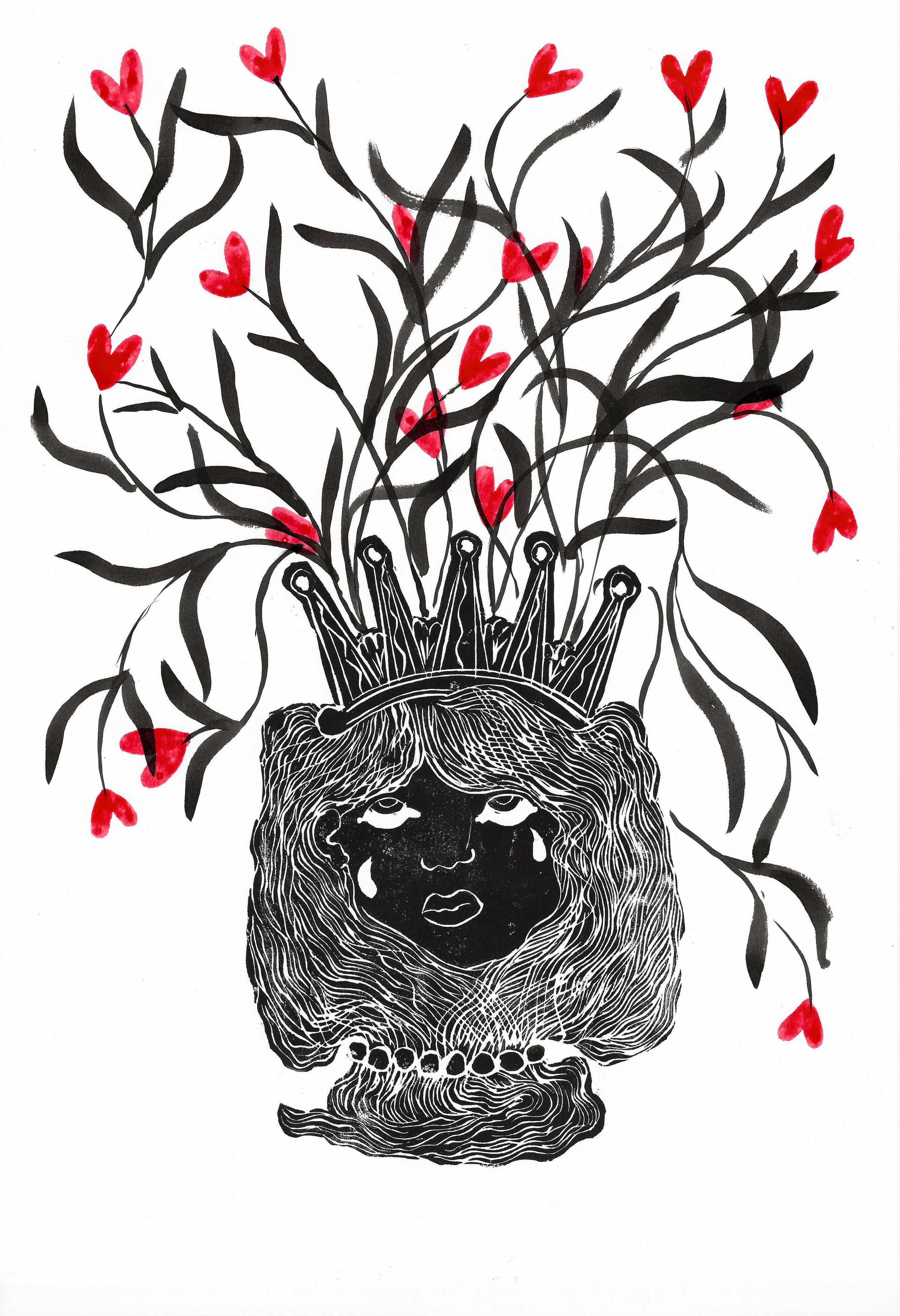Black Mary Magdalene with red hearts