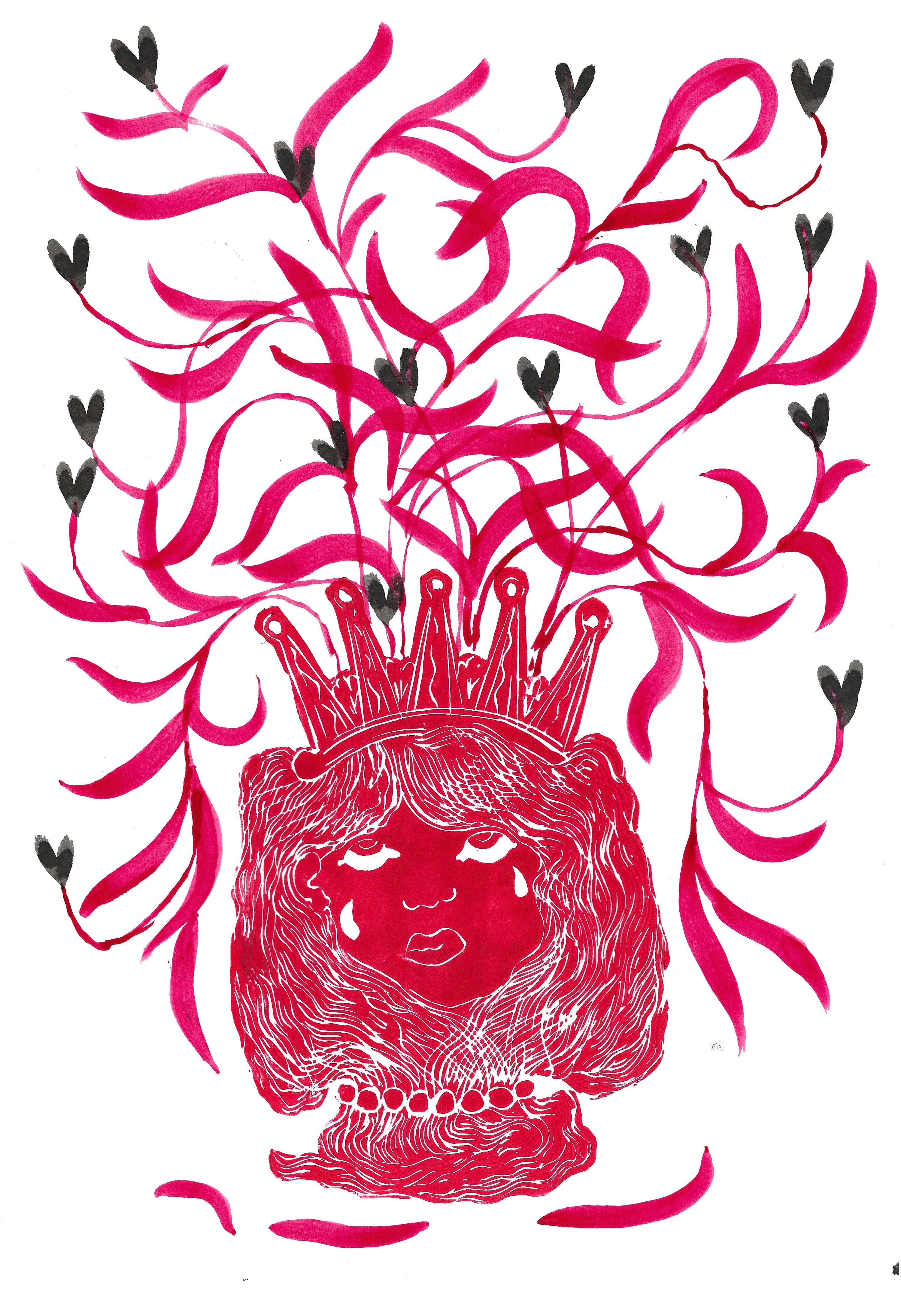 Red Mary Magdalene with black hearts